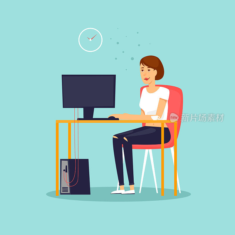 女孩坐在电脑前，办公室，工作。平面设计矢量插图。