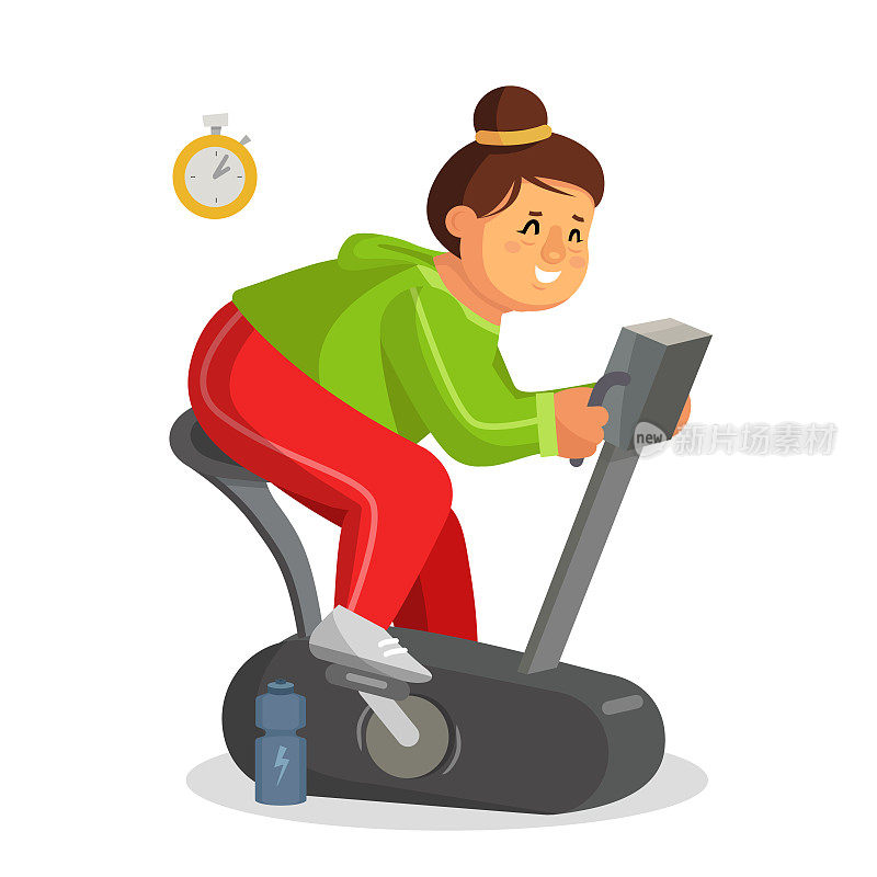 胖女人在健身矢量。锻炼自行车训练。流汗的女孩。年轻的肥胖女人。孤立的白色卡通人物插图