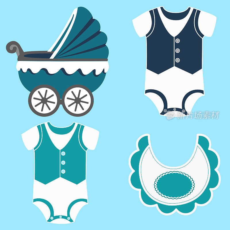 图标设置婴儿围兜，紧身衣男孩和婴儿车。