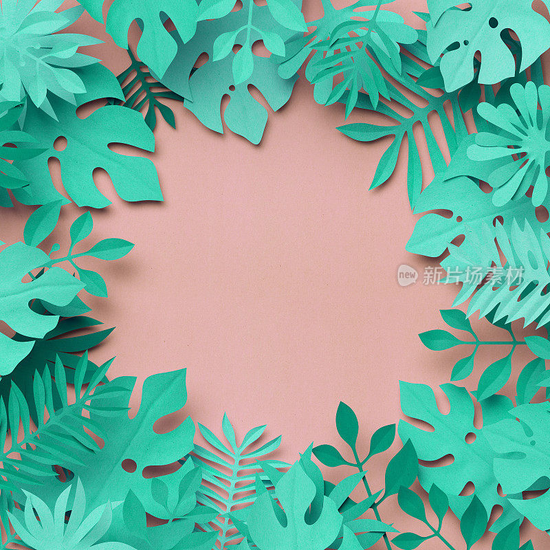 3d渲染，纸艺术，热带棕榈叶，植物背景，珊瑚薄荷粉糖果颜色，热带自然，叶子方形框架，空白卡片模板