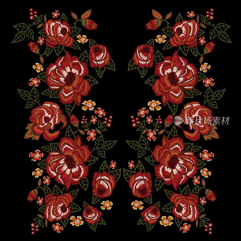刺绣民族领口图案与趋势红玫瑰。