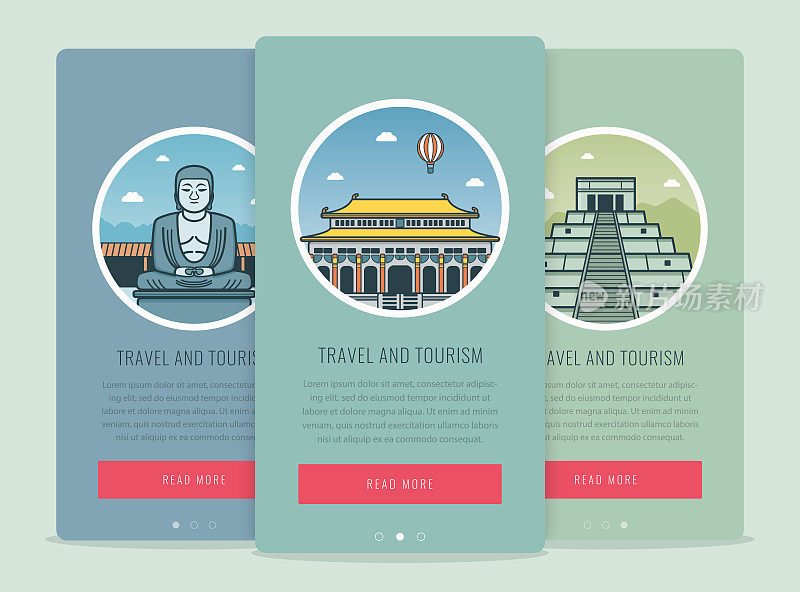 旅游组成著名的世界地标镰仓，奇琴伊察，北京。旅行和旅游。网站模板的概念。向量