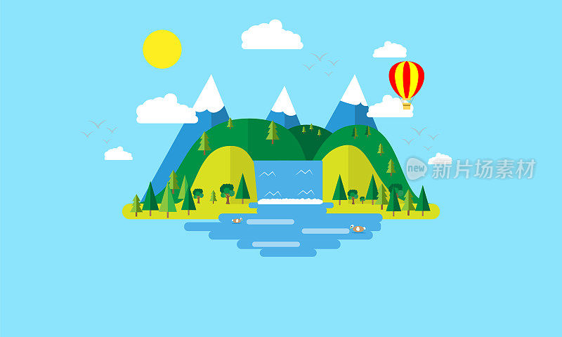 平面设计瀑布与山，气球和鸟在空中飞行，平面概念