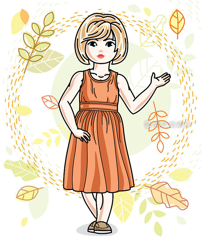 一个金发的小女孩，穿着时尚的休闲服，站在秋色的背景下蹒跚学步。向量有吸引力的孩子插图。时尚生活主题卡通。