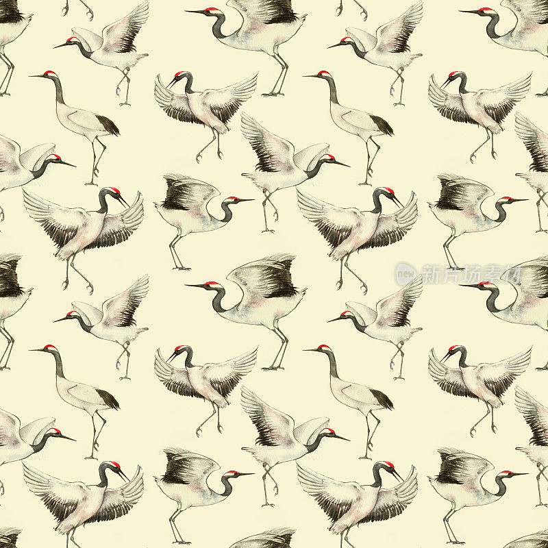 手绘水彩无缝图案与白色日本舞鹤