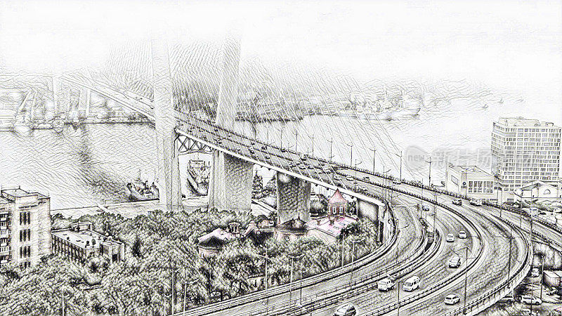 海参崴桥梁和海港的计算机图像