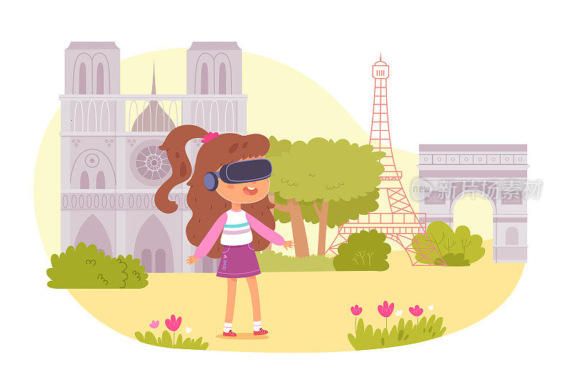 虚拟现实旅行的孩子，女孩在虚拟现实眼镜旅行在欧洲模拟在线