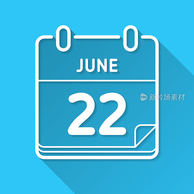 6月22日。蓝色背景上的图标-长阴影平面设计