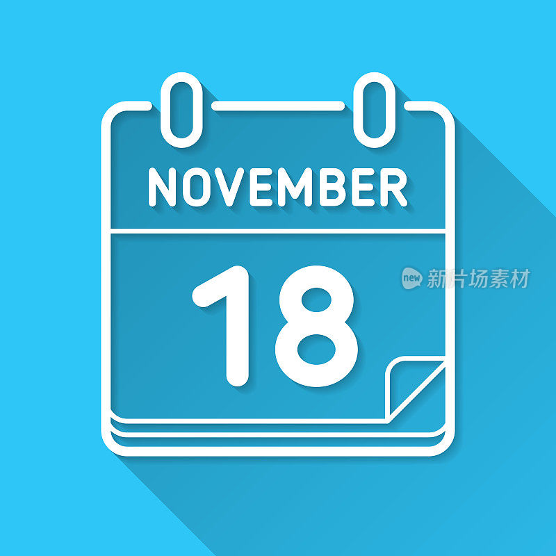 11月18日。蓝色背景上的图标-长阴影平面设计