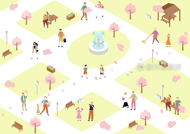 插图的等距公园景观樱花树和日常的人