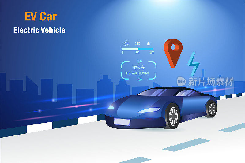 电动汽车，在路上行驶的电动汽车，带有GPS和驾驶指示器。交通技术中的可替代可持续能源。