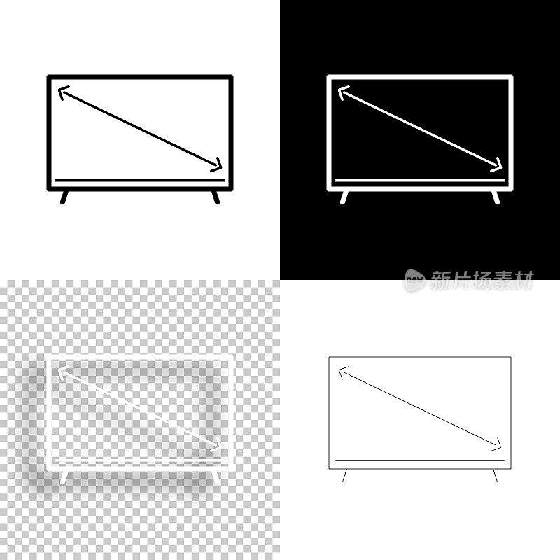 电视屏幕大小。图标设计。空白，白色和黑色背景-线图标