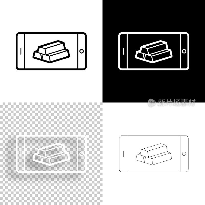 配备金条的智能手机。图标设计。空白，白色和黑色背景-线图标
