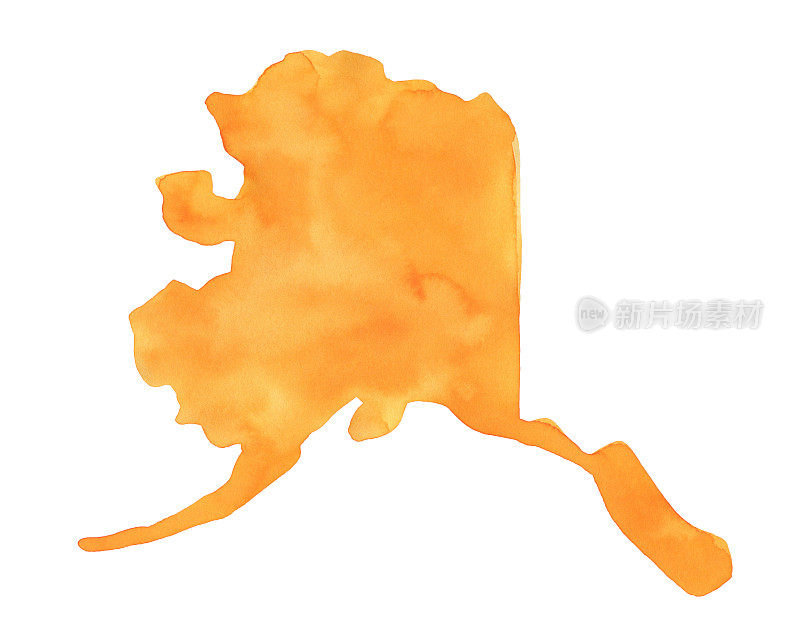 阿拉斯加州地图剪影的水彩画橙色梯度。