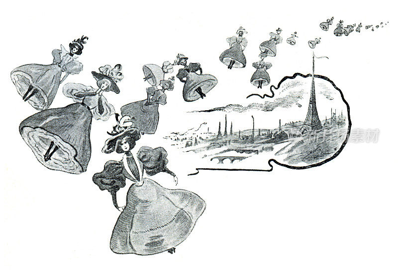 年轻女子飞越法国巴黎，梦想着1896年新艺术
