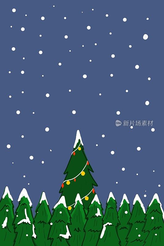 圣诞树上有圣诞星星，球和灯。绿色冷杉或松树的假日季节