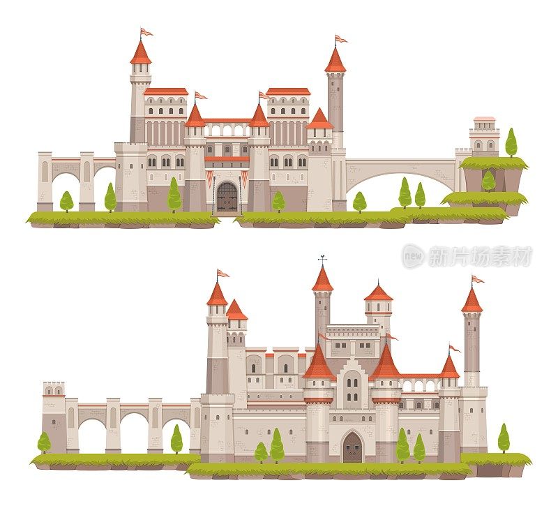 卡通中世纪童话城堡，塔楼，大门