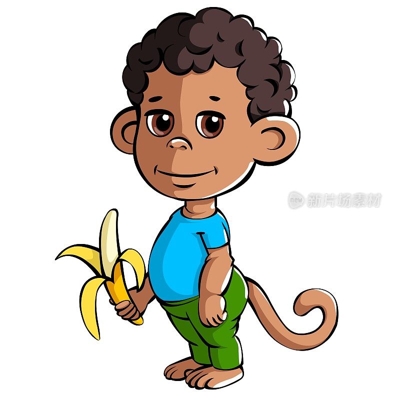 可爱的猴子男孩拿着香蕉。在白色背景上孤立的卡通风格的小猴子。穿着t恤和裤子的滑稽动物。