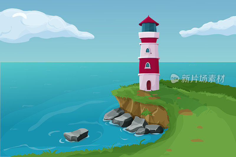 悬崖上的灯塔，夏日的景象，白色背景上孤立的卡通风格的海洋、岩石和海浪的景观。矢量图