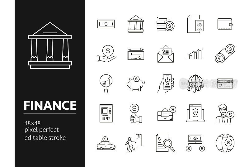 金融矢量绘制图标在48px网格与1px笔画宽度。信息图形、移动和网络等。