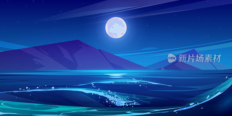 海、山、月的夜景