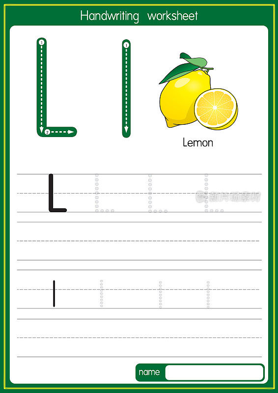 矢量柠檬插图，用字母L大写字母或大写字母进行幼儿ABC学习练习