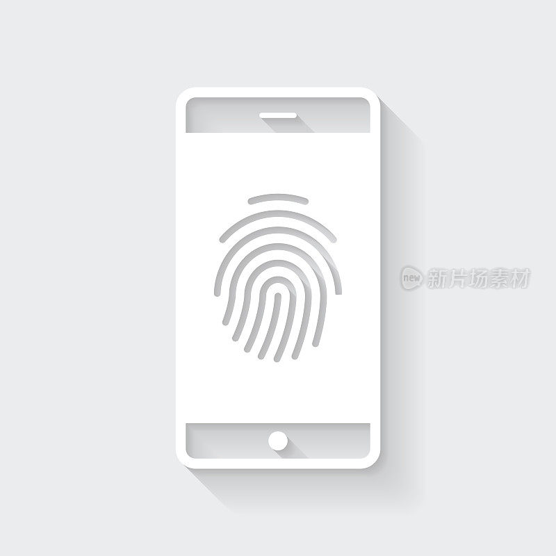 智能手机与指纹。图标与空白背景上的长阴影-平面设计