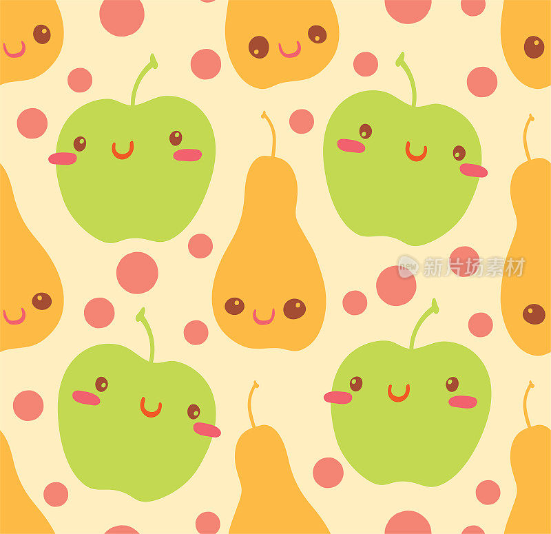 有趣的苹果和梨。卡哇伊的水果。带有粉色圆点的水果色无缝图案。