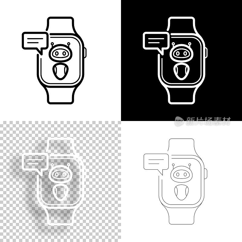 Smartwatch聊天机器人。图标设计。空白，白色和黑色背景-线图标
