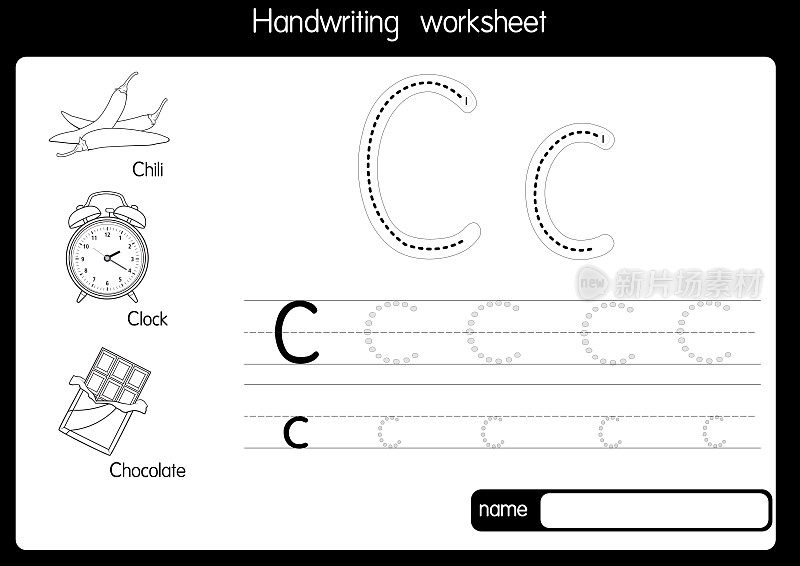 黑白矢量插图，用字母C大写字母或大写字母为儿童学习练习ABC