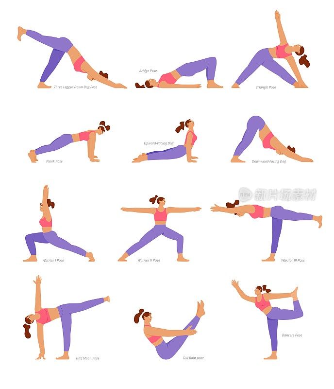 大量的瑜伽体式，姿势。女人练习瑜伽。平面矢量插图，孤立的字符。锻炼的女孩组