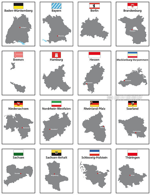 带有德国16个州旗帜的矢量地图