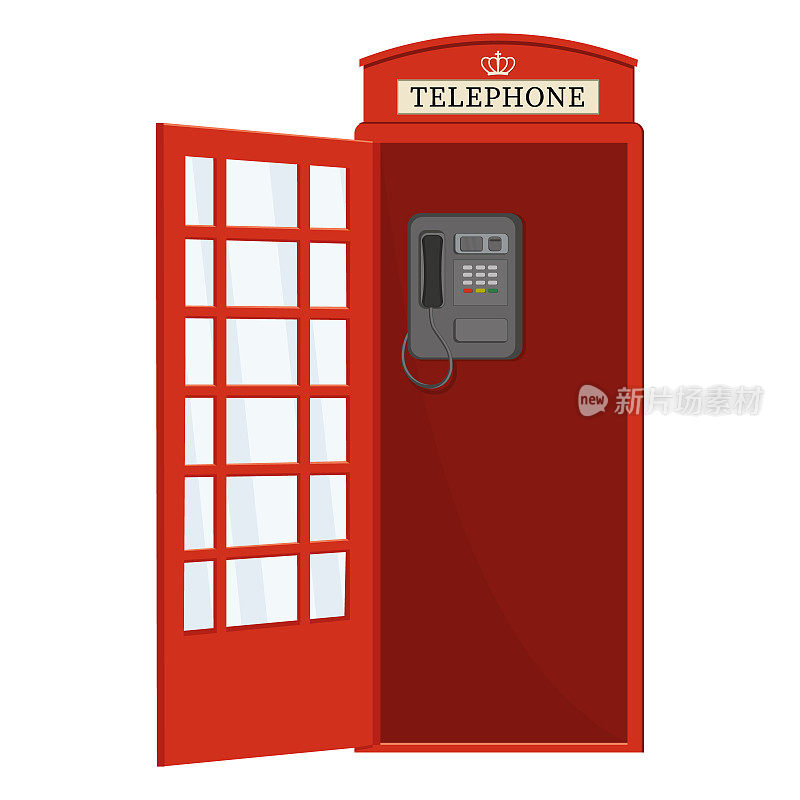 红色电话亭与开放的门，颜色矢量孤立的卡通风格插图