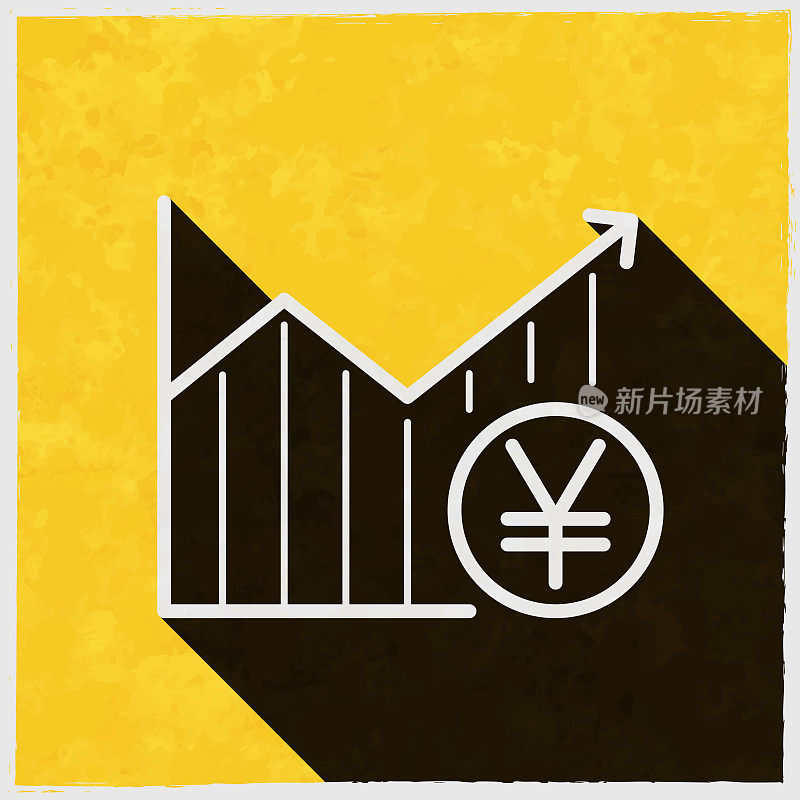 日元硬币的成长图。图标与长阴影的纹理黄色背景