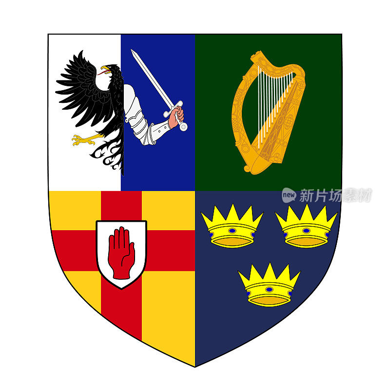 爱尔兰四省的盾形纹章-康诺特，伦斯特，明斯特和阿尔斯特。乡下人的盾形纹章。矢量插图。