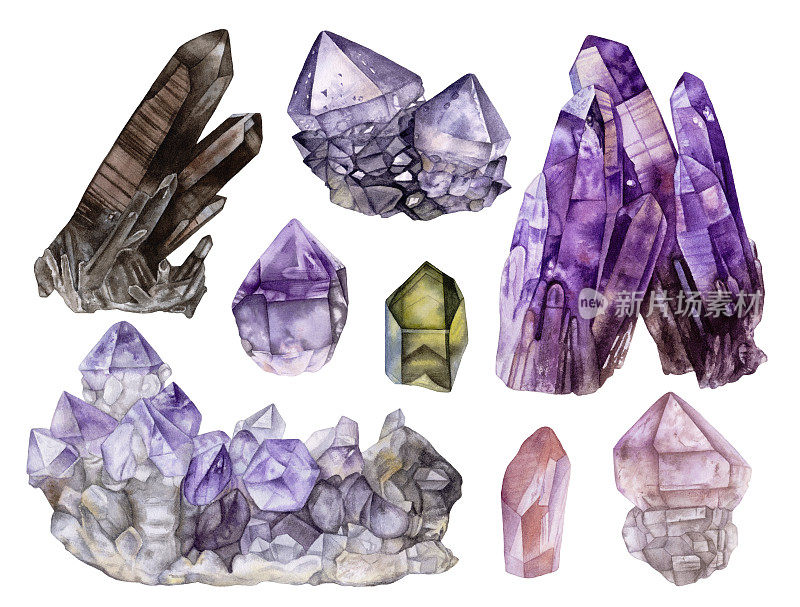 水彩水晶集合。紫水晶，玫瑰石英，烟熏石英。