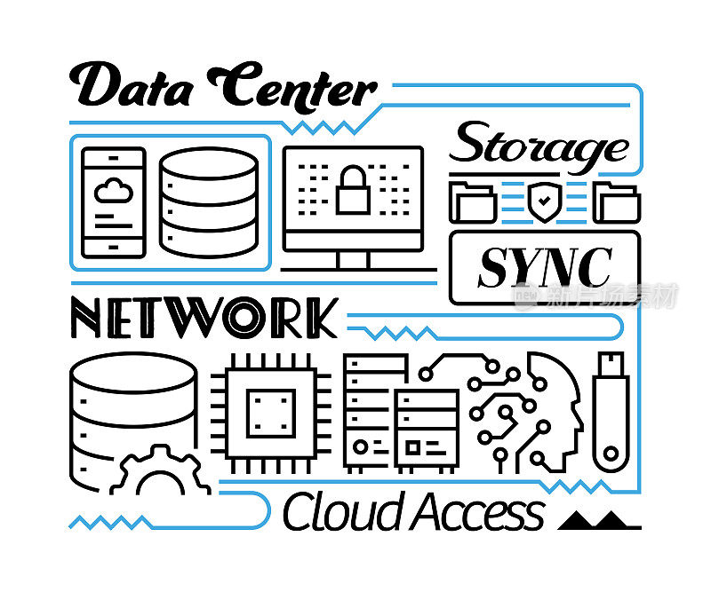 云计算对象和元素。线条图标插图集合。图标设置或标题模板。