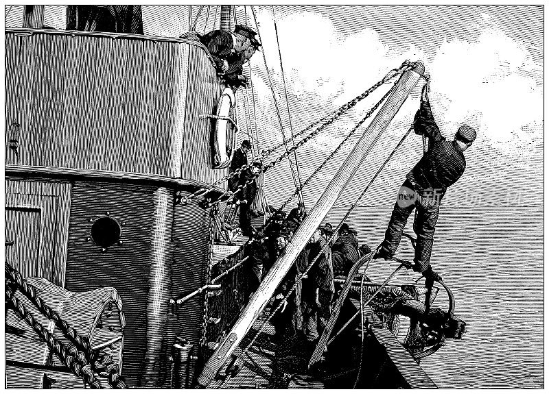 古董插图:捕鱼拖网渔船