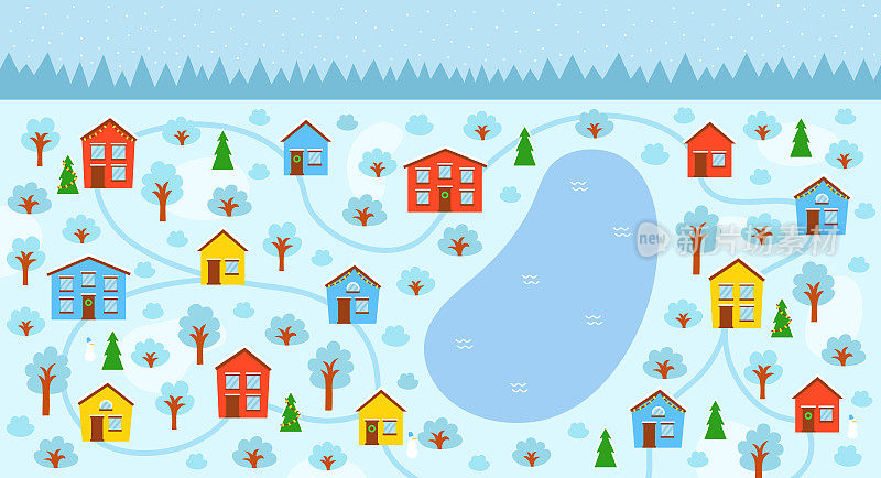 湖边可爱的小村庄。涂鸦平坦的房屋和覆盖着白雪的树木，冬天的风景。