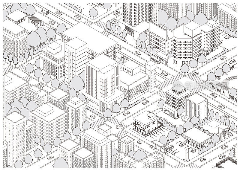 城市景观的三维视图。城市景观。线条画插图。