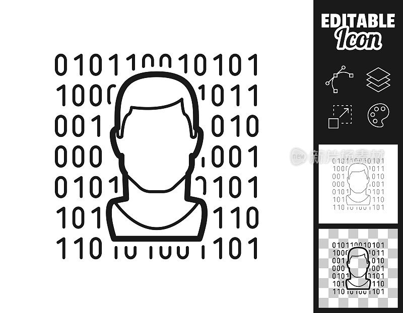 男脸用二进制码。图标设计。轻松地编辑