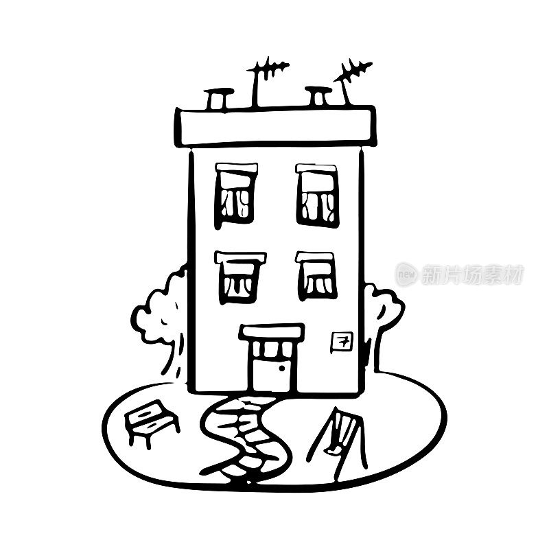 居住建筑图标。两层楼的房子。黑色轮廓线素描。前视图。矢量简单平面图形手绘插图。白色背景上的孤立物体。隔离。