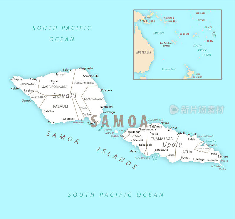 萨摩亚的详细地图，有地区和城市的国家。