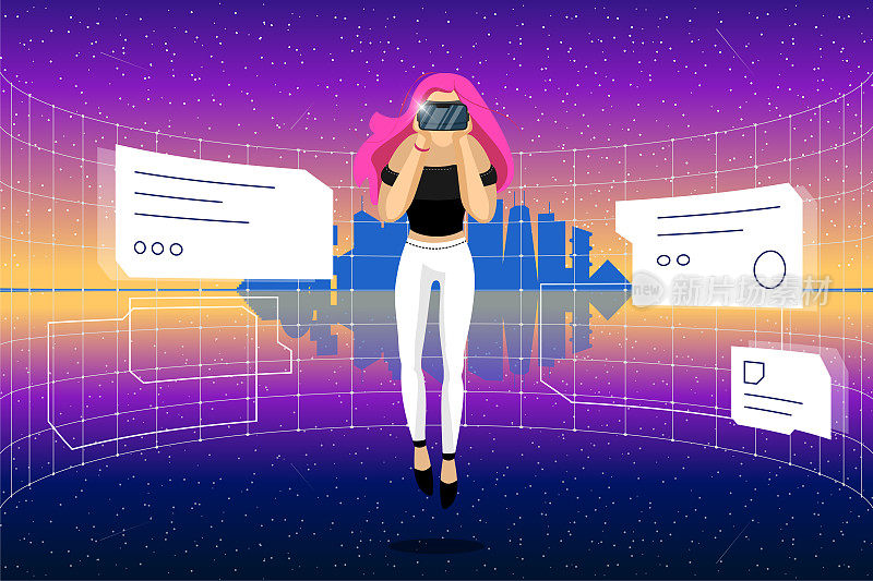 年轻女子与VR头盔连接未来技术元宇宙虚拟现实与抽象的城市景观在天际线。女孩在未来界面3d赛博朋克城市景观。元网络空间