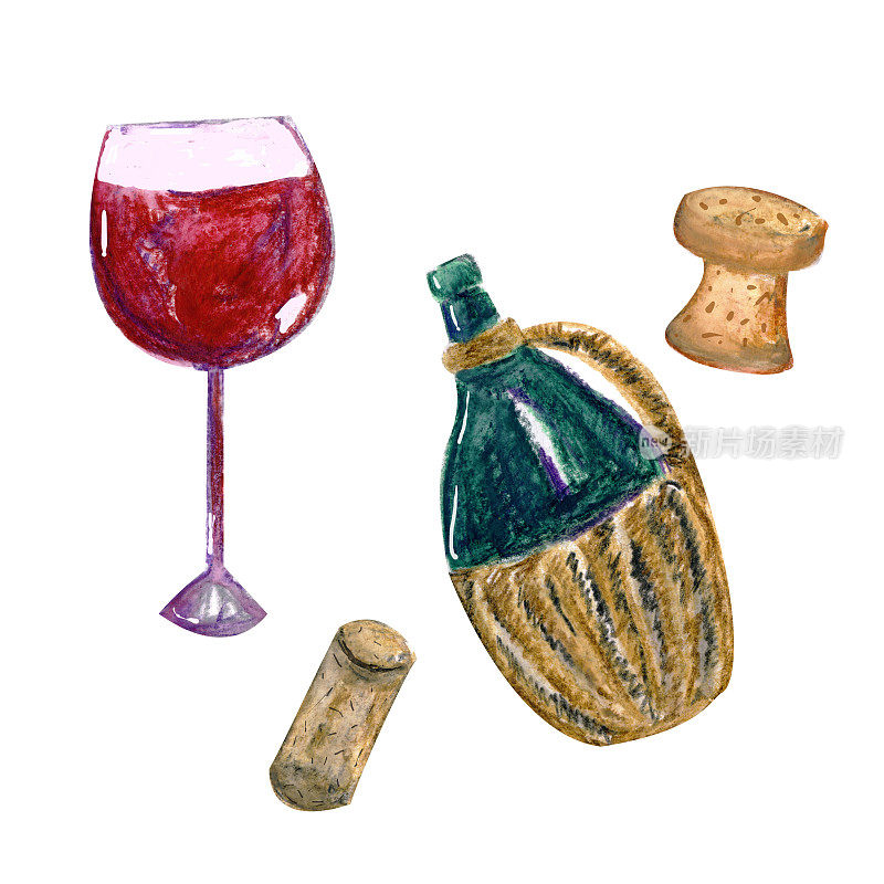 水彩套酿酒葡萄酒藤和瓶盖
