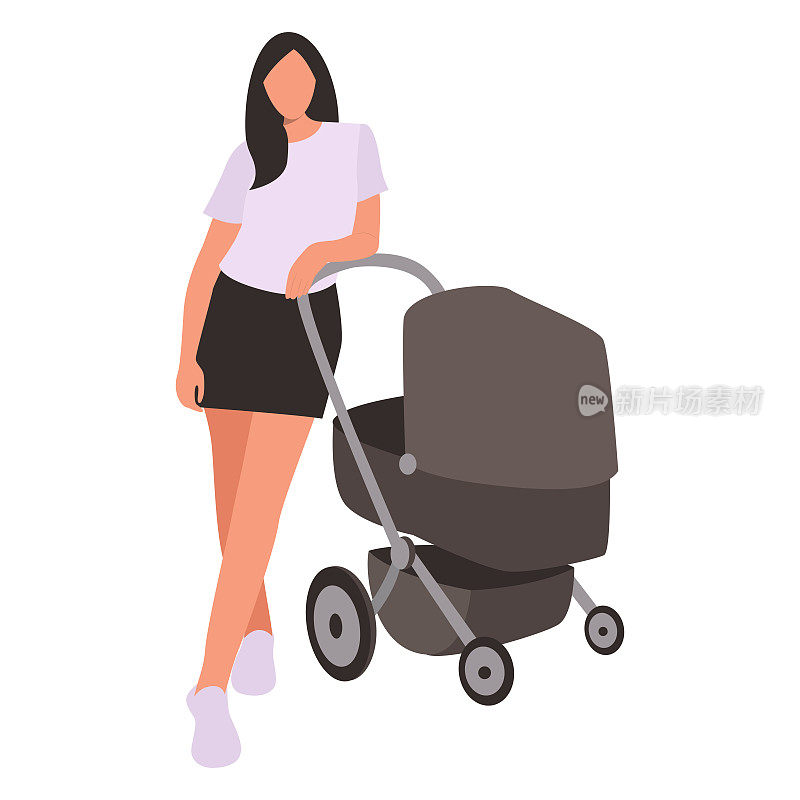 年轻时尚的女人与婴儿推车平矢量孤立在白色背景，年轻的妈妈与婴儿推车