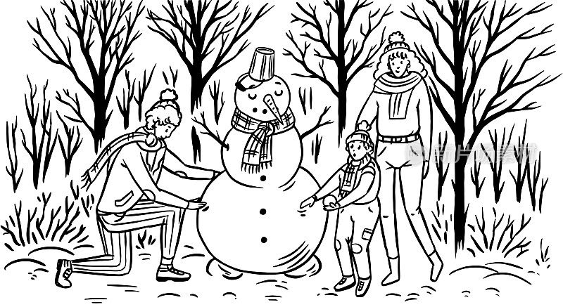 这家人为圣诞节堆雪人。妈妈，爸爸，宝宝在冬天的雪林。舒适的气氛。人们穿着暖和的毛衣。手绘草图。古典雕刻插图