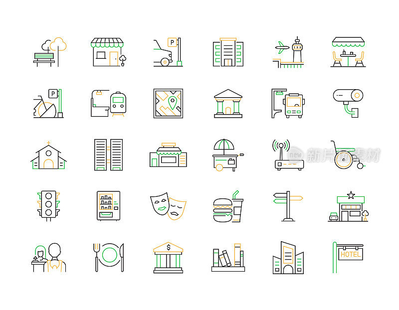 城市元素相关矢量细线图标。大纲符号集合