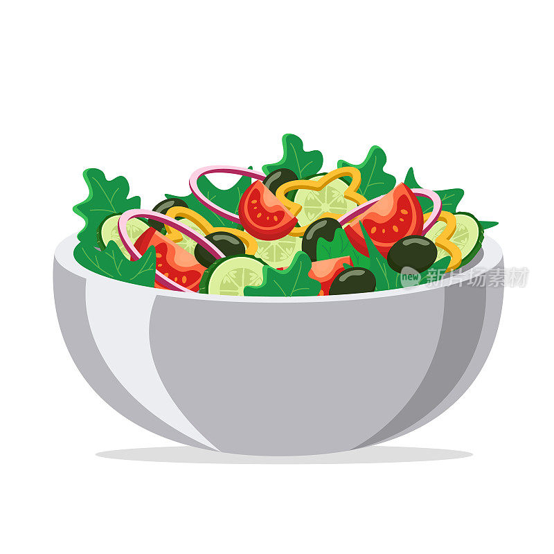 沙拉上的大脚趾孤立在白色的背景上。新鲜蔬菜和橄榄沙拉，健康食品。平的风格