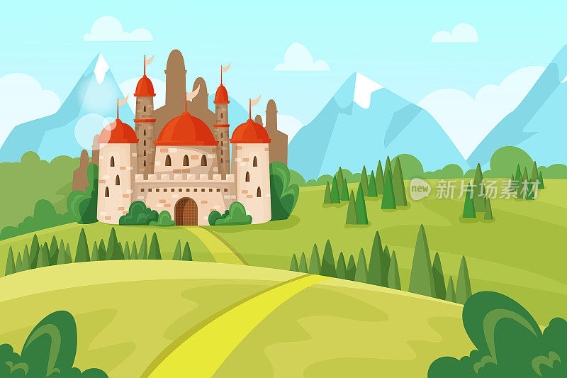 游戏城堡在山上的场景。魔法公主的豪宅。通往宫殿。童话般的风景。山全景。中世纪城堡的风景。强化地牢。向量的卡通插图